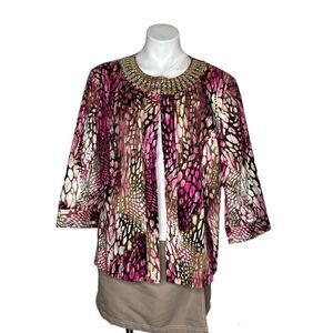 CHICOS ADDITIONS Pastel Animal Prints Open Jacket Sequin Collar Size 3 XL